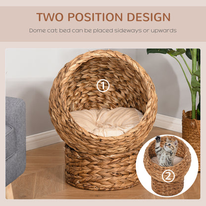 PawHut Wicker Cat Bed, Podwyższony Rattanowy Kosz dla Kota z Cylindryczną Podstawą, Miękka Zmywalna Poduszka, 42 x 33 x 52 cm - Brązowy
