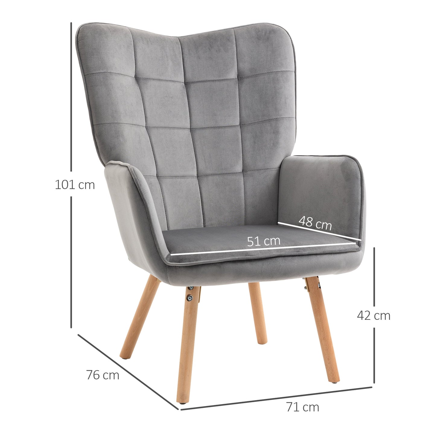 كرسي HOMCOM Modern Accent Chair بذراعين مبطن بمخمل ملمس مخملي مع مسند ظهر مجنح، كرسي صالة ترفيهي مبطن بأرجل خشبية، باللون الرمادي