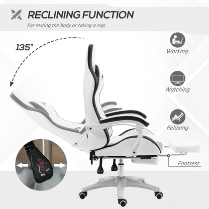 Vinsetto Computer Gaming Chair, PU Leather Desk Chair with Footrest, Swivel Task Chair with 135¡ Reclining Back and Lumbar Support, PC Chair for Adults, White and Black