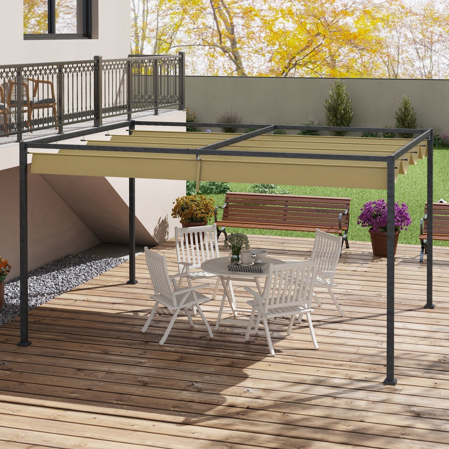 Outsunny 4 x 3(m) Metal Pergola with Retractable Roof, Garden Gazebo Canopy Shelter for Outdoor, Patio, Khaki