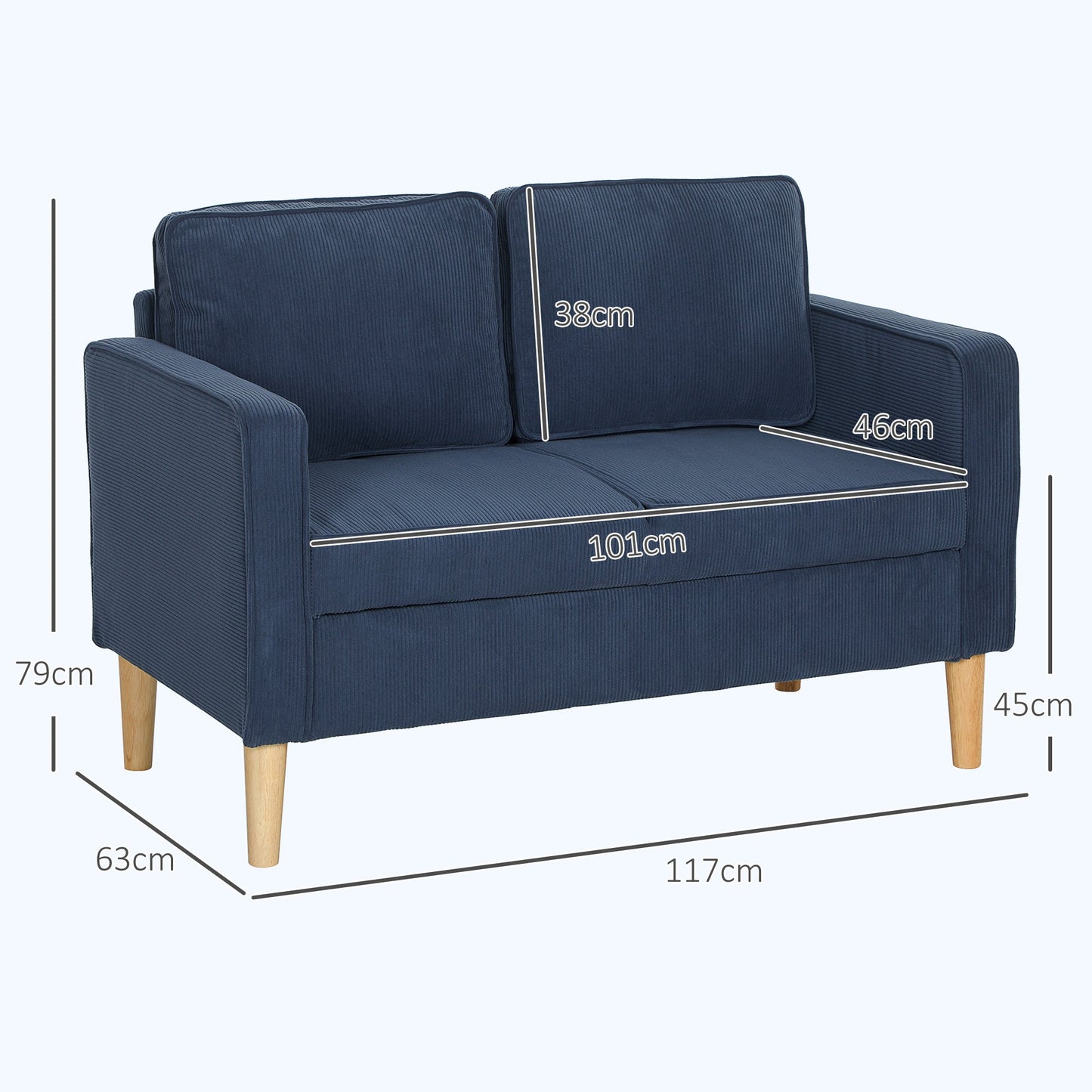 HOMCOM Mała dwuosobowa sofa sztruksowa - niebieska