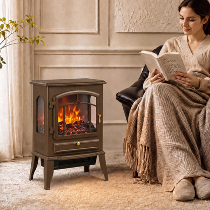 HOMCOM Electric Fireplace Stove, 1000/2000W 3-Sided Freestanding Fireplace Heater with 3D Flame Log, Thermostat, Brown
