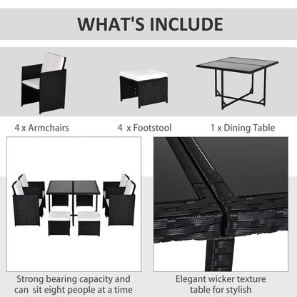 Outsunny 8 Seater Rattan Cube Garden Furniture Set, Rattan Dining Set with Cushions, Outdoor Dining Table and Chairs with 4 Armchairs, 4 Stools, Square Glass Top Table, Black