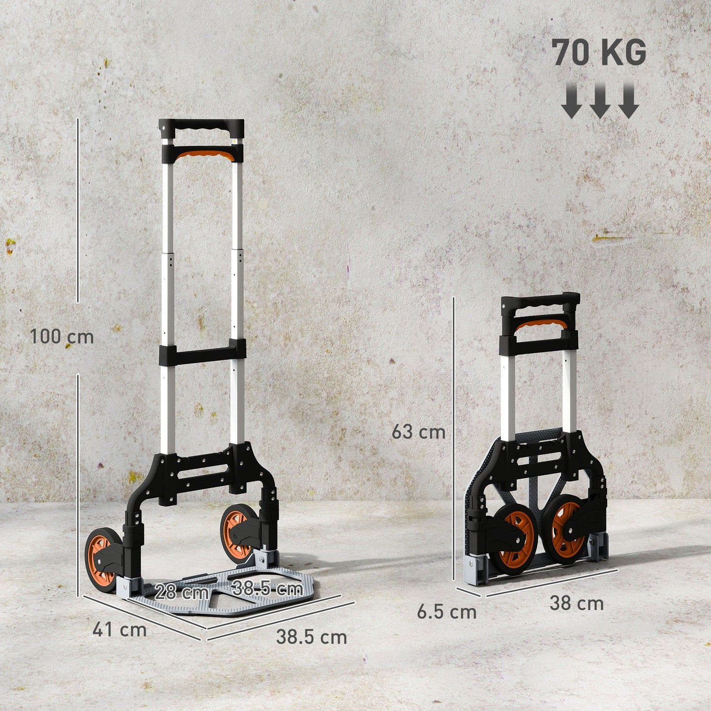 HOMCOM Folding Sack Truck, 70kg Lightweight Hand Truck with Wheels, Foldable Trolley Cart with Telescoping Handle for Warehouse, Office, Luggage, Silver Tone