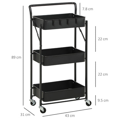 3 Tier Storage Trolley Utility Cart Foldable Rolling With 3 Mesh Baskets, 4 Removable Hooks for Living Room, Laundry and Kitchen, Black