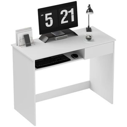 HOMCOM 100cm Compact Computer Desk with Keyboard Tray, Home Office Desk with Drawer for Bedroom Study, White
