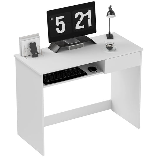 HOMCOM 100cm Compact Computer Desk with Keyboard Tray, Home Office Desk with Drawer for Bedroom Study, White