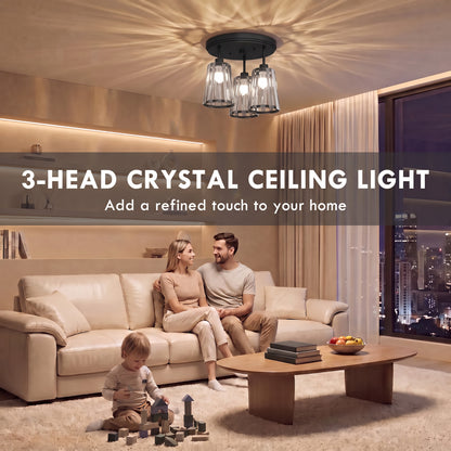 HOMCOM 3-Light Crystal Glass Ceiling Light, Triple Head with Dual Mounting, Modern Ceiling Lamp for Living Room, Black