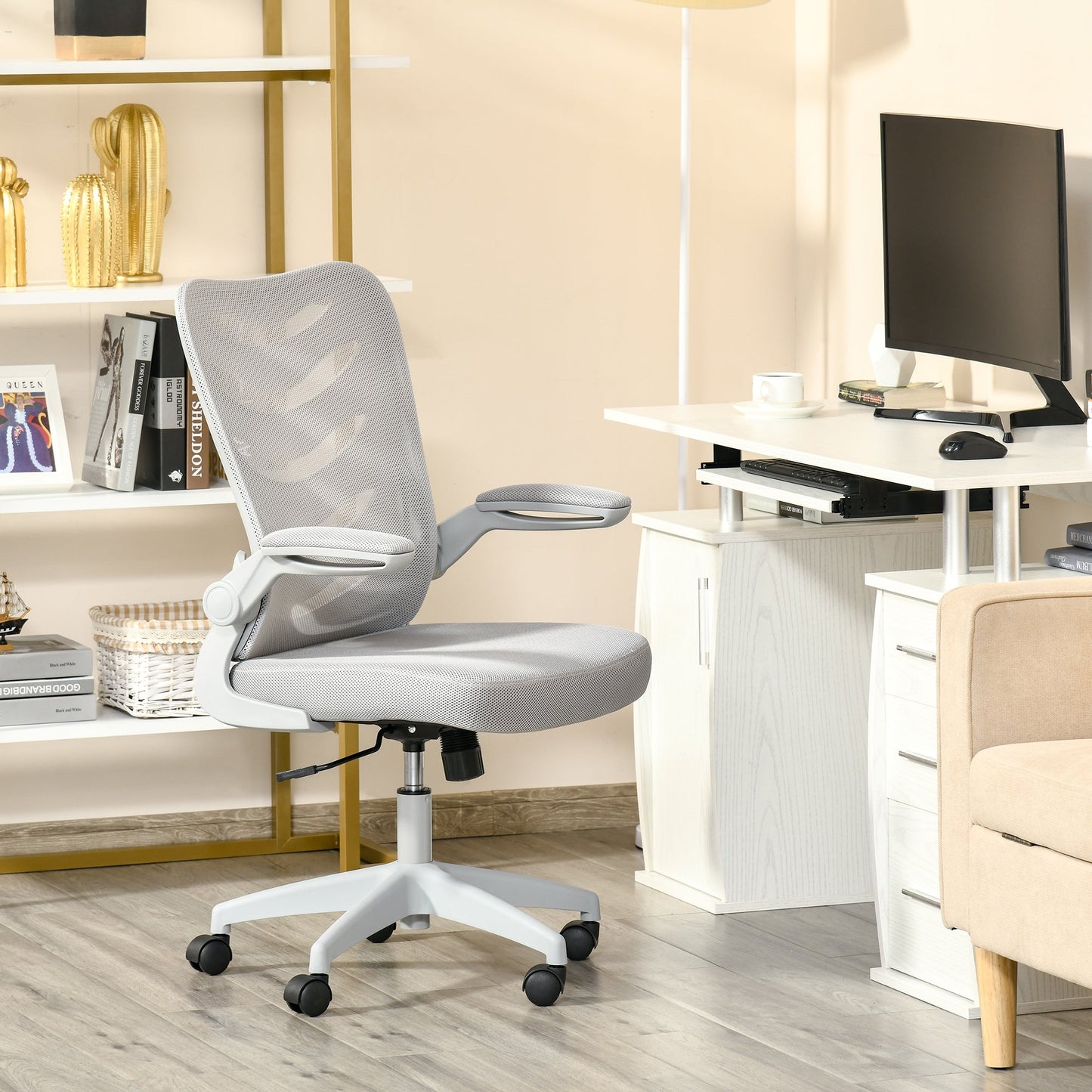 Vinsetto Mesh Office Chair for Home Swivel Task Desk Chair with Lumbar Back Support, Flip-Up Arm, Adjustable Height, Grey