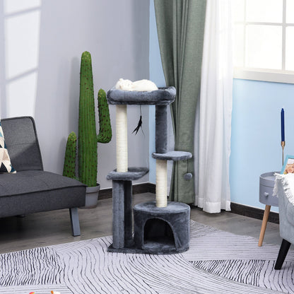 PawHut Cat Multi-Activity Tree Tower w/ Perch House Scratching Post Platform Play Ball Plush Covering Play Rest Relax Grey White