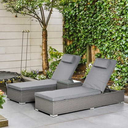 Outsunny 3 Piece Rattan Sun Lounger Set, Garden Furniture with Side Table, 5-Position Adjustable Recline Chair, Grey