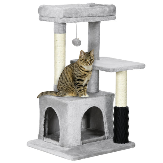 PawHut Cat Tree dla kotów domowych, wieża wspinaczkowa, drapak dla kotów, centrum aktywności dla kotów z zabawką do masażu, wisząca piłka, łóżko, grzęda, 48 x 48 x 85 cm, szary