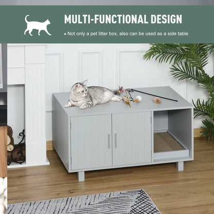 PawHut Wooden Cat Litter Box Enclosure & House with Nightstand/End Table Design, Scratcher, & Magnetic Doors, Grey