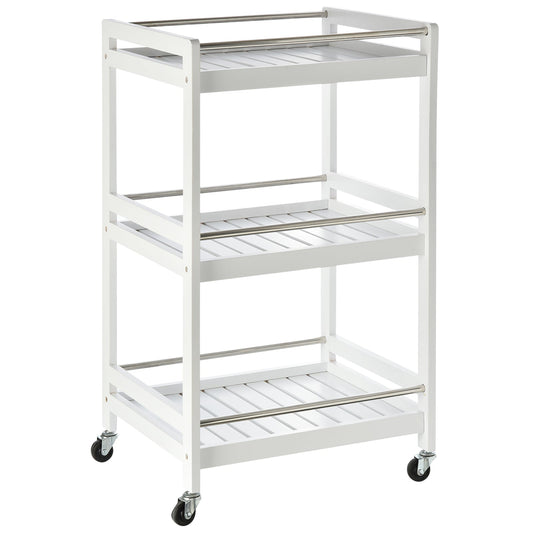 3-Tier Home Trolley Kitchen Storage w/ Steel Bars 4 Wheels Rolling Unit Organiser Living Room White