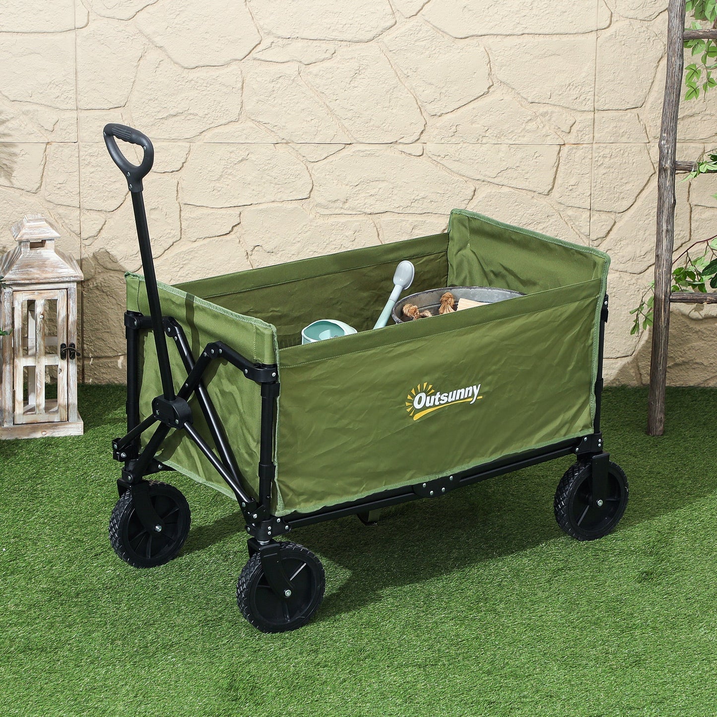 Outsunny 120L Festival Trolley on Wheels, Folding & Compact Camping Trolley Cart with Adjustable Handle for Garden, Beach, Fishing, Green