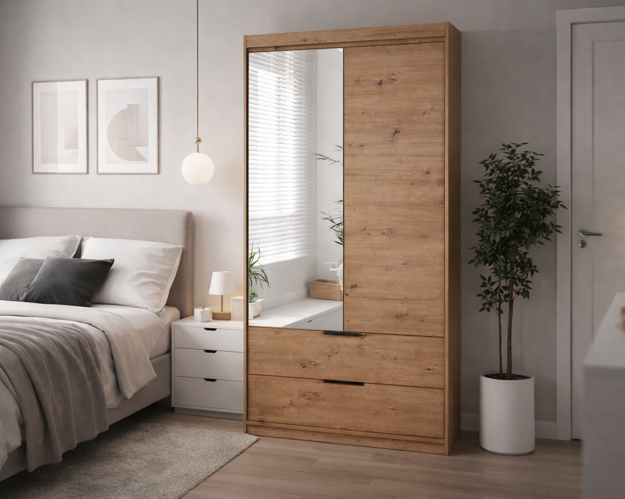 Oak Arisan Mirrored Hinged Door Wardrobe 103cm –  HARTLEY