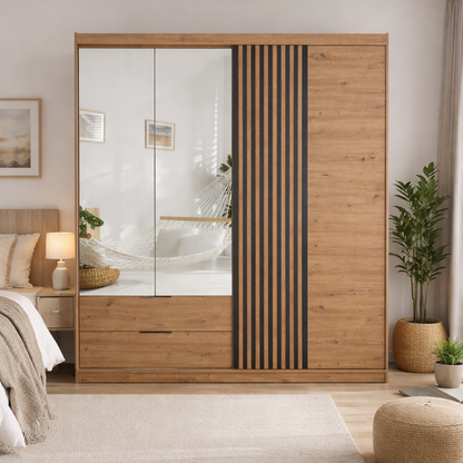 Oak Artisan Mirrored Hinged Sliding Door Wardrobe 203cm –  HARTLEY