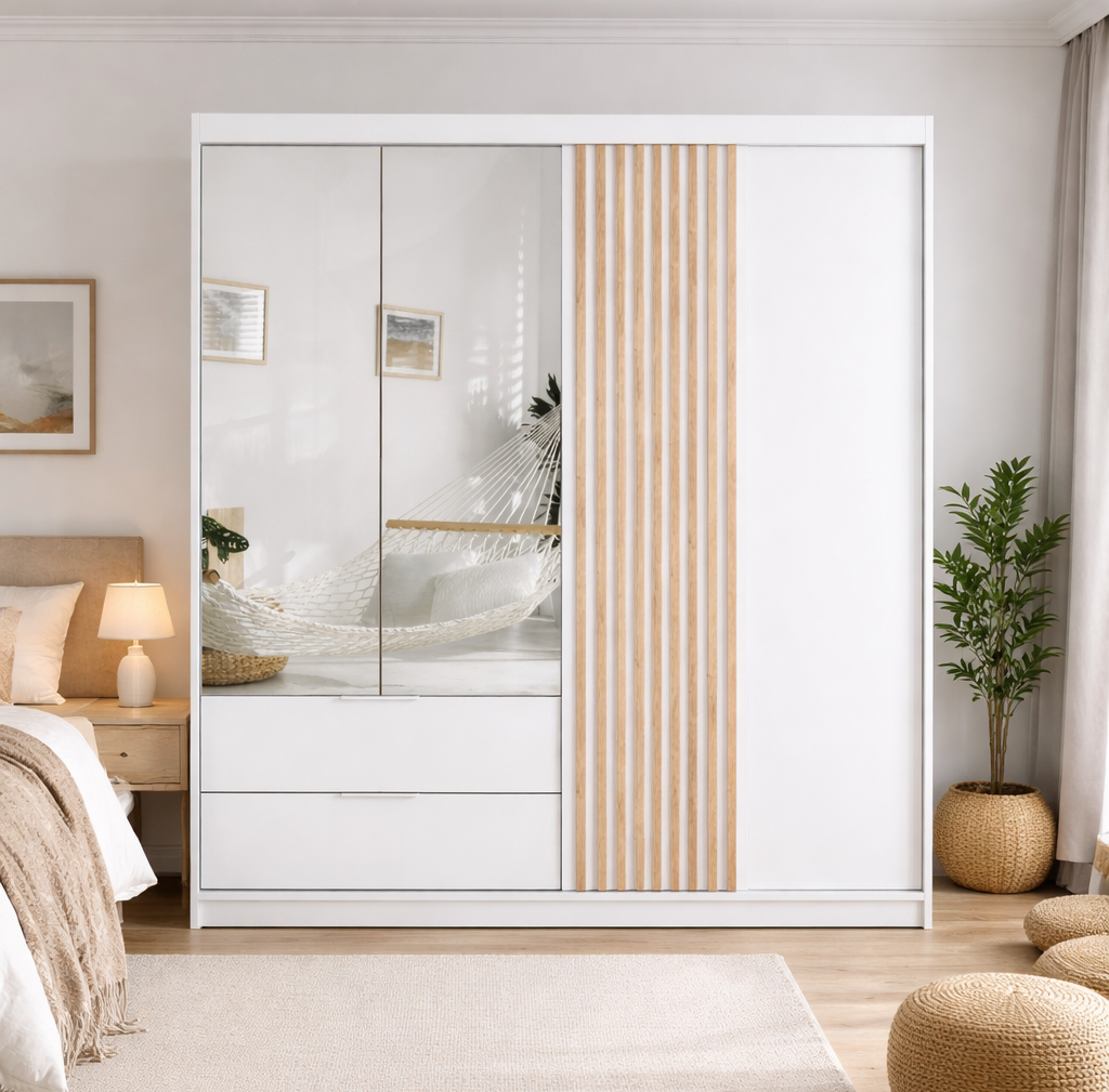 White Mirrored Hinged Sliding Door Wardrobe 203cm –  HARTLEY