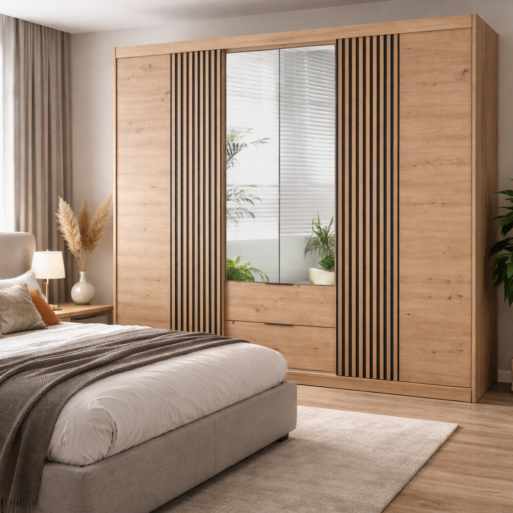 Oak Artisan Mirrored Hinged Sliding Door Wardrobe 250cm –  HARTLEY