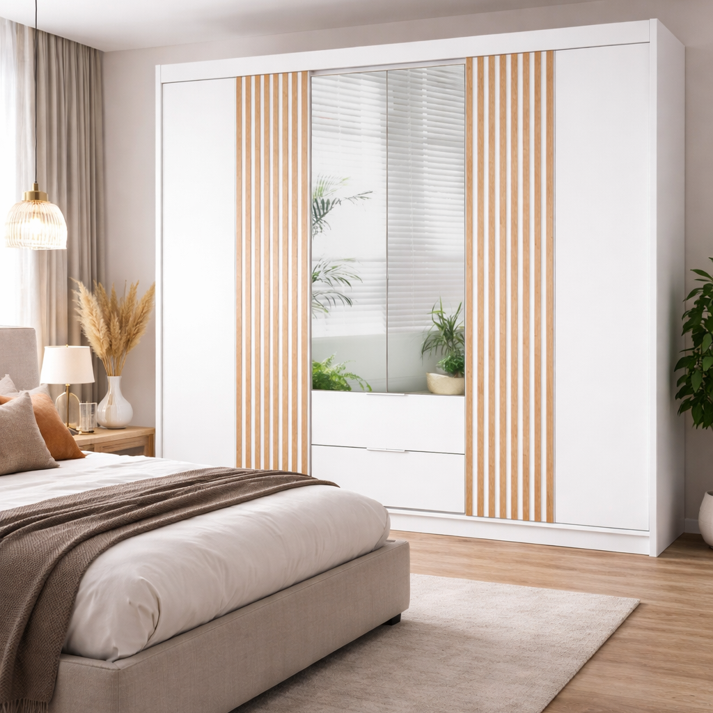 White Mirrored Hinged Sliding Door Wardrobe 250cm –  HARTLEY