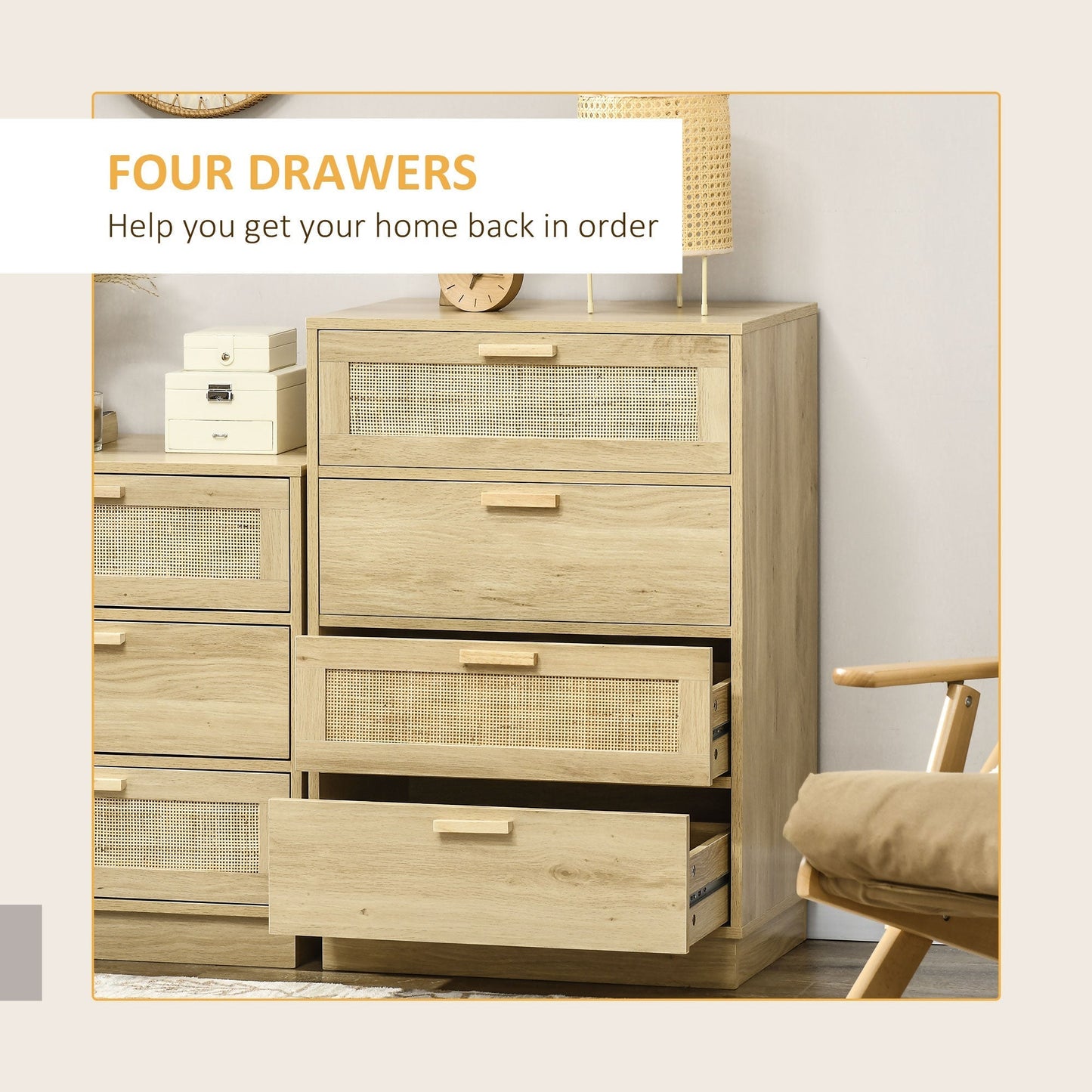 HOMCOM Chest of Four Rattan Weave Panel Drawers - Wood-Effect