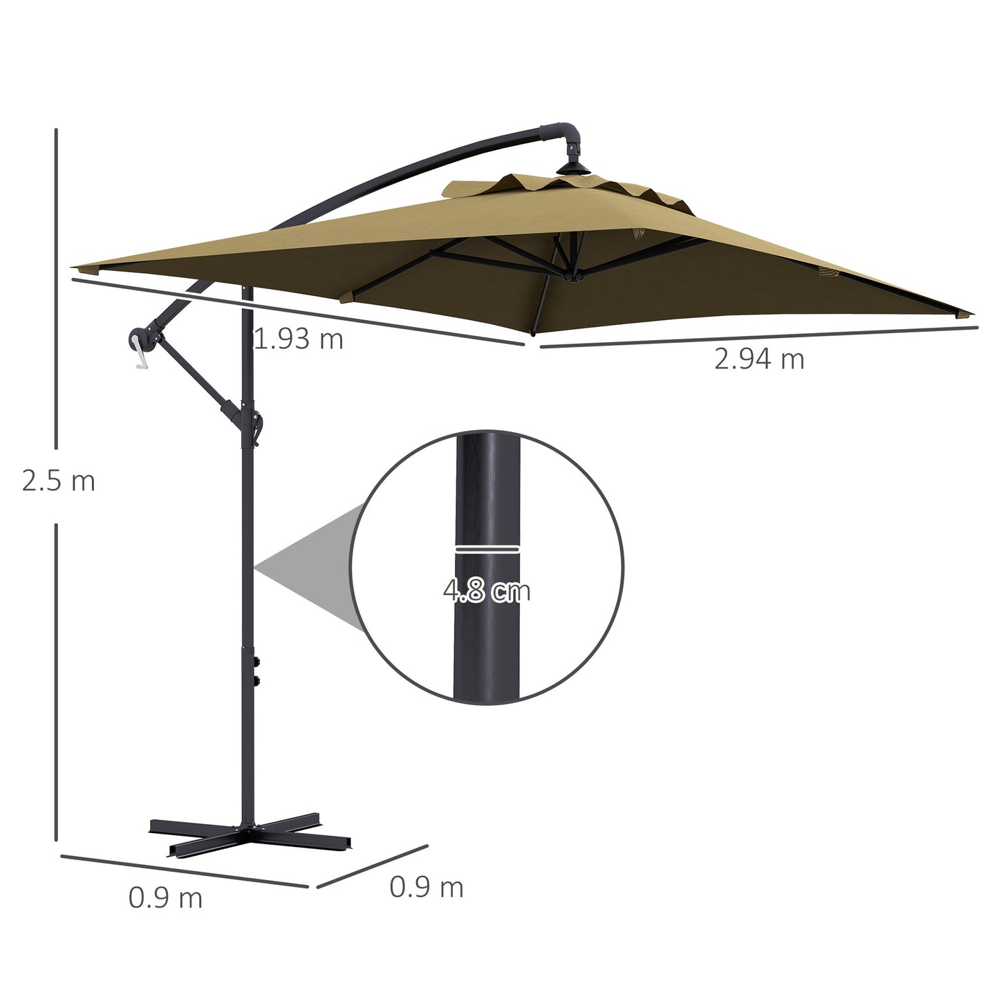 3x2m Cantilever Banana Parasol With Cross Base With Crank Handle and 6 Ribs, Rectangular Patio Umbrella For Outdoor Pool, Garden - Brown