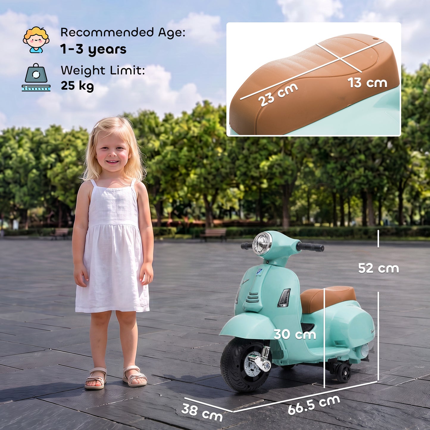 HOMCOM Vespa Licensed 6V Kids Electric Motorbike Ride On Motorcycle Battery Powered for 18-36 Months with Horn, Green