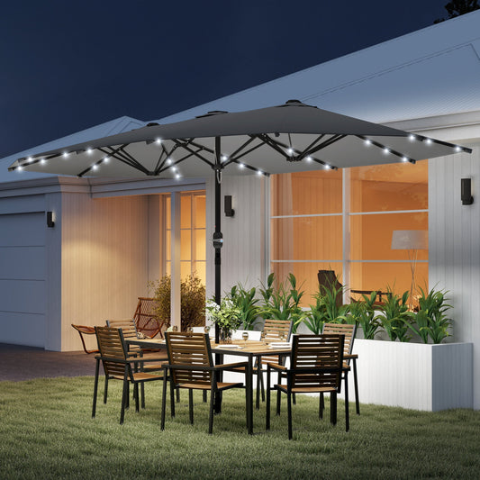 Outsunny 4.4m Double-Sided Sun Umbrella Patio Parasol LED Solar Lights Dark Grey