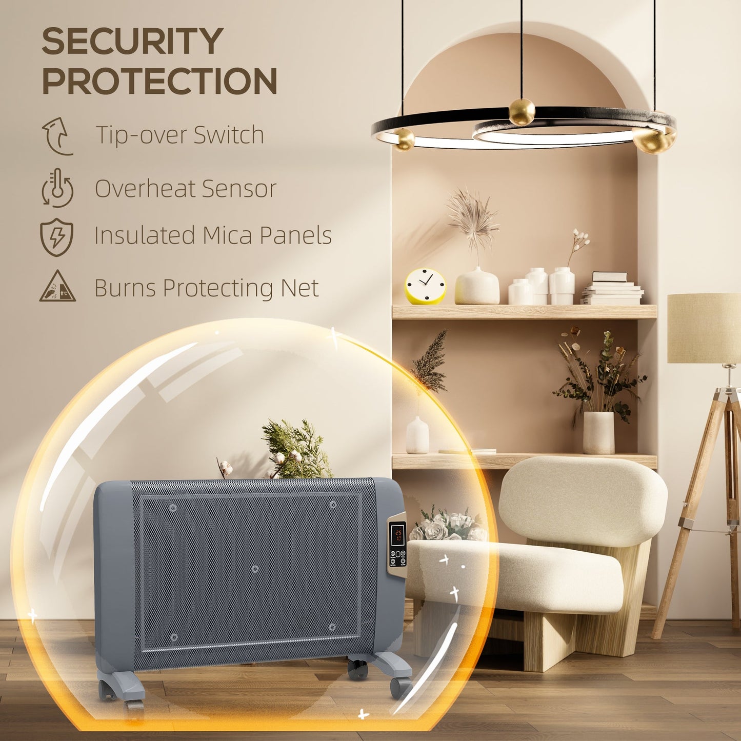 HOMCOM Mica Elektryczny Grzejnik Pomieszczeniowy, Przenośny Grzejnik Do Domu z 2 Ustawieniami Grzania, Salon, Gabinet, Garaż, Regulowana Temperatura 18-30√Ç¬∞C, 1000 W/2000 W, Szary