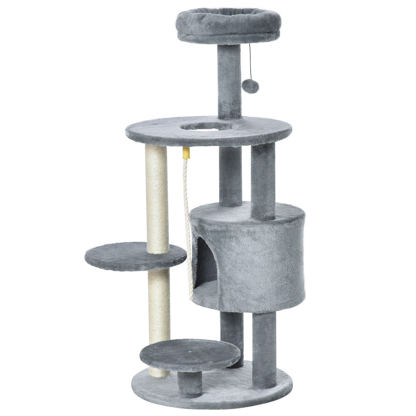 PawHut Cat Tree Tower 112cm Climbing Kitten Activity Centre with Jute Scratching Post Perch Hanging Ball Toy Teasing Rope Dark grey