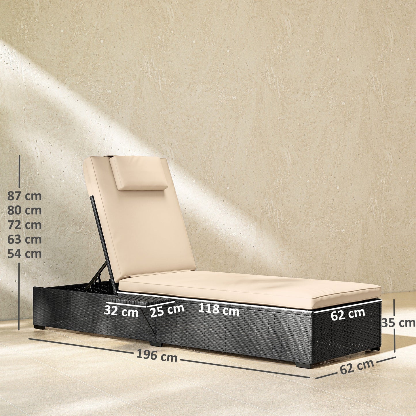 Outsunny Rattan Sun Lounger with 5-Level Reclining Back Side Tray and Cushion, Black