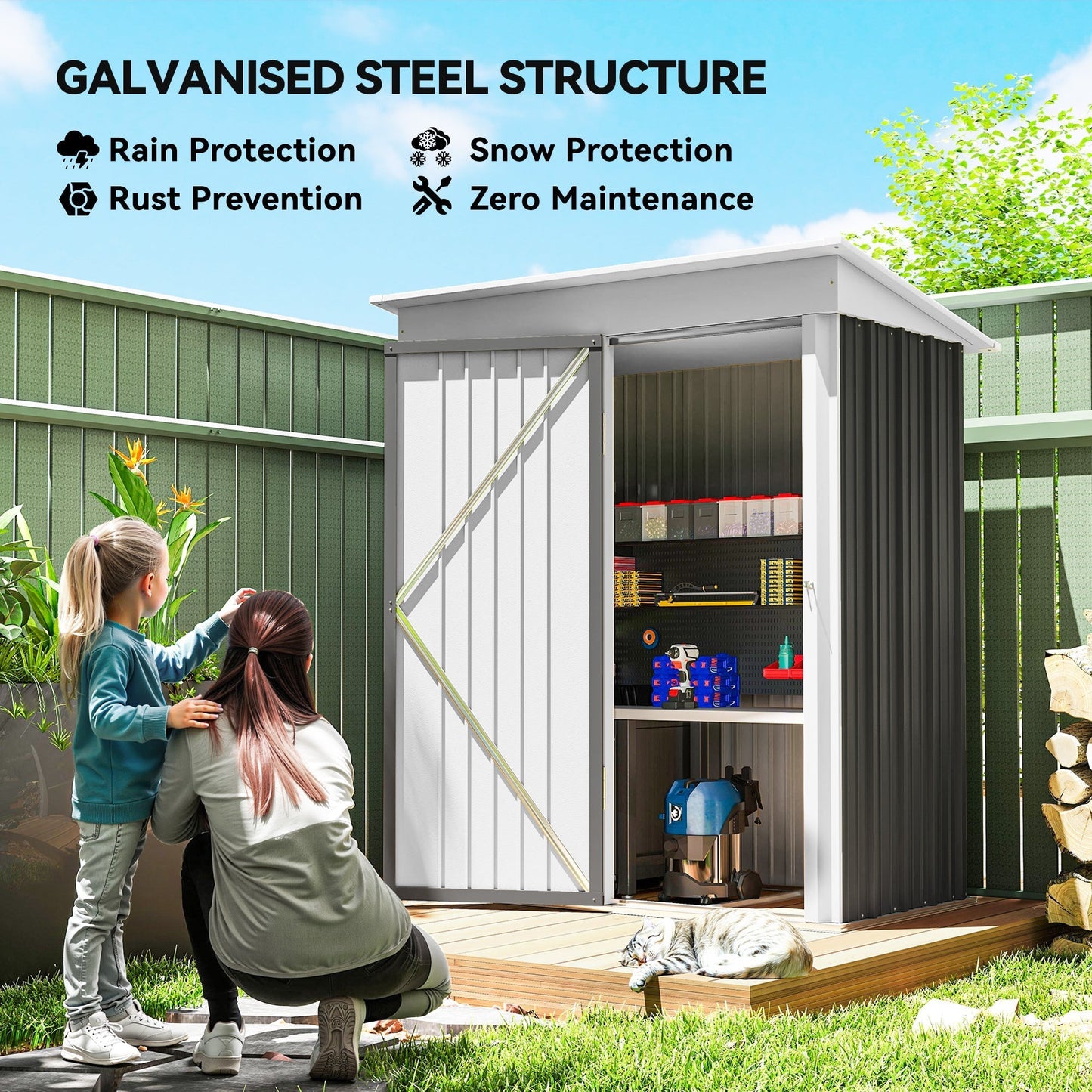 Outsunny Metal Garden Shed, Outdoor Lean-to Shed for Tool Motor Bike, with Adjustable Shelf, Lock, Gloves, 5'x3'x6', Dark Grey
