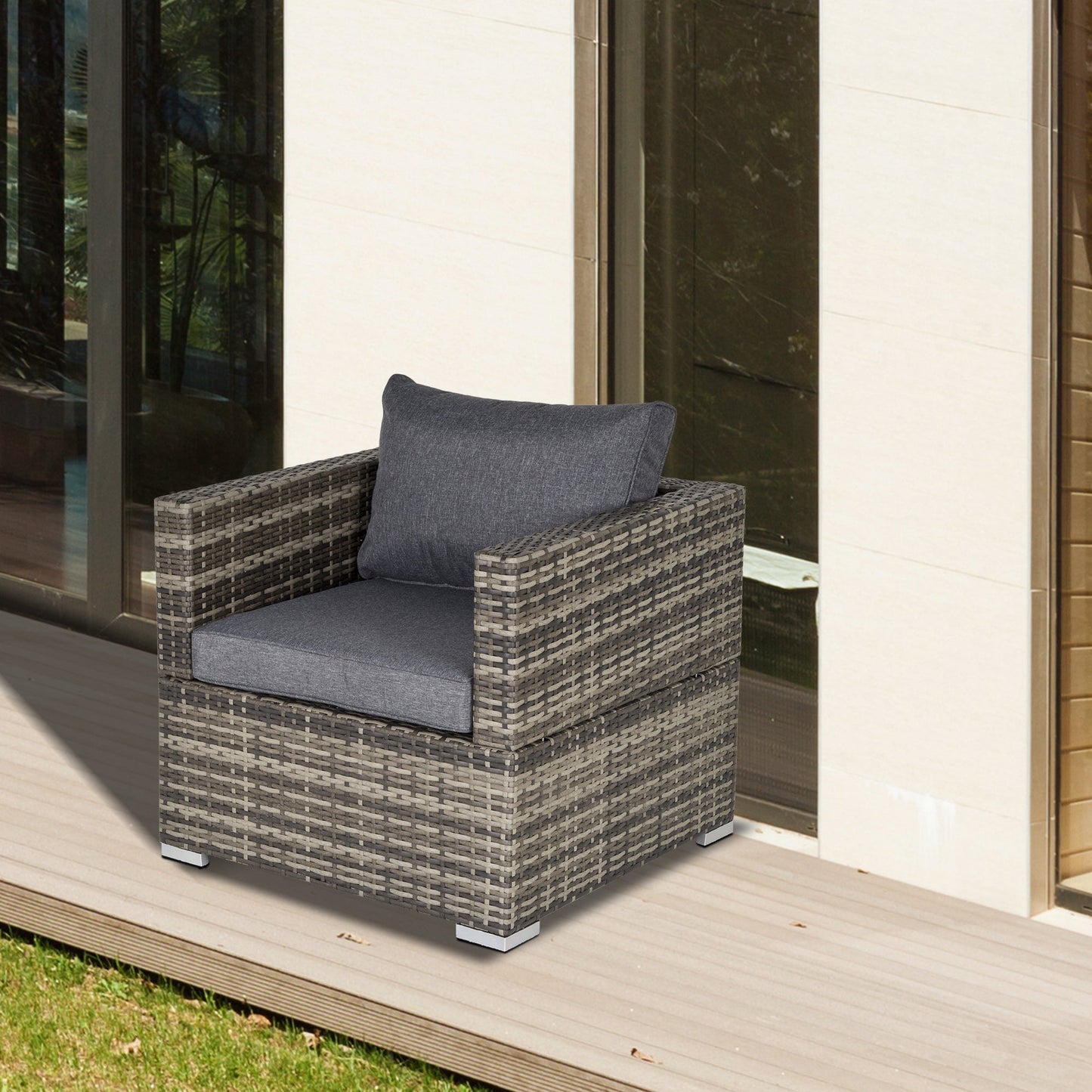 Outsunny Single Seater Rattan Chair Sofa with Padded Cushions, All-Weather PE Wicker Weave Garden Armchair with Armrests, Dark Grey