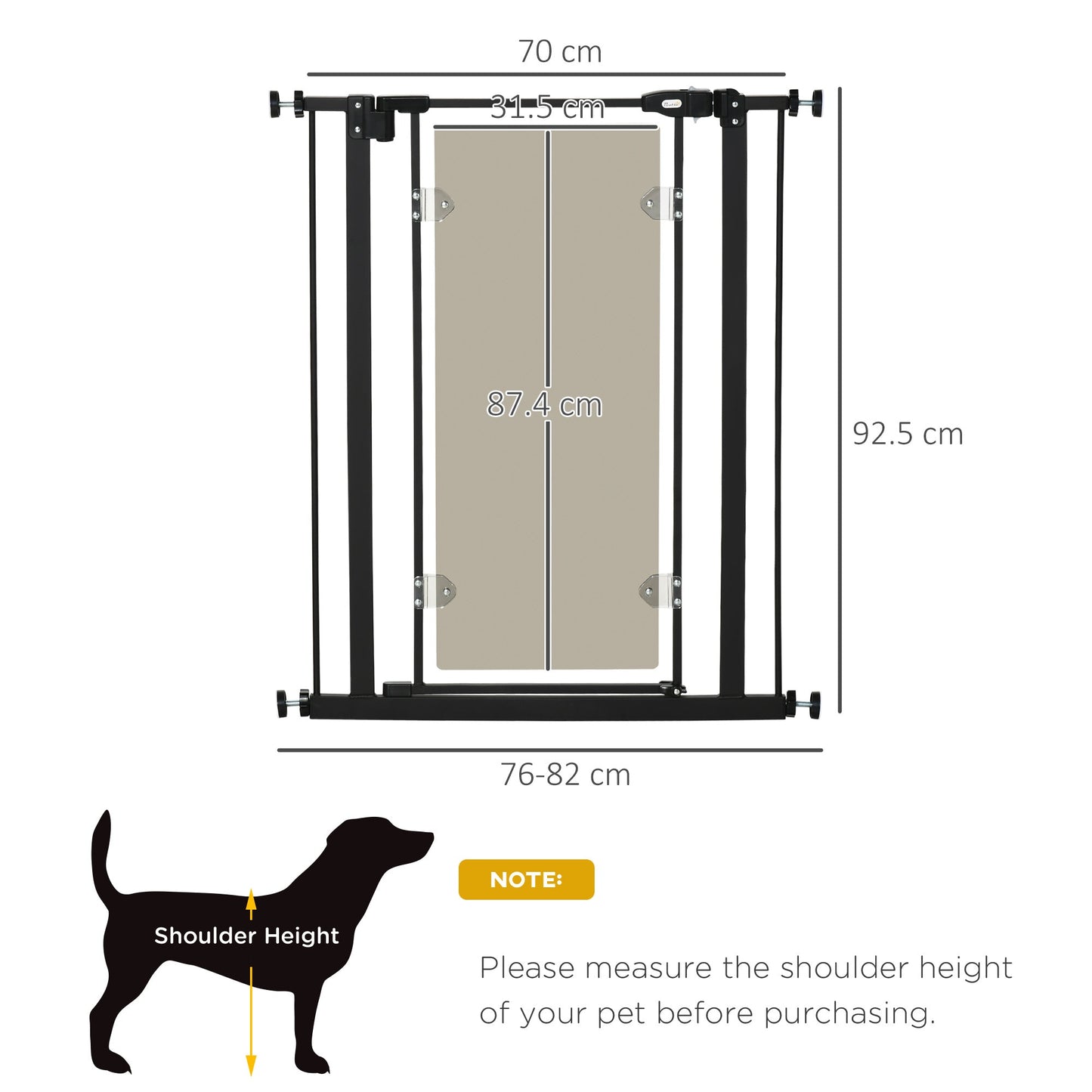 PawHut Pressure Fit Pet Safety Gate, Auto-Close Dog Barrier Stairgate, Double Locking, Acrylic Panel, for Doors, Hallways, Staircases, Openings 76-82 cm, Black Pressure-Mounted Adjustable