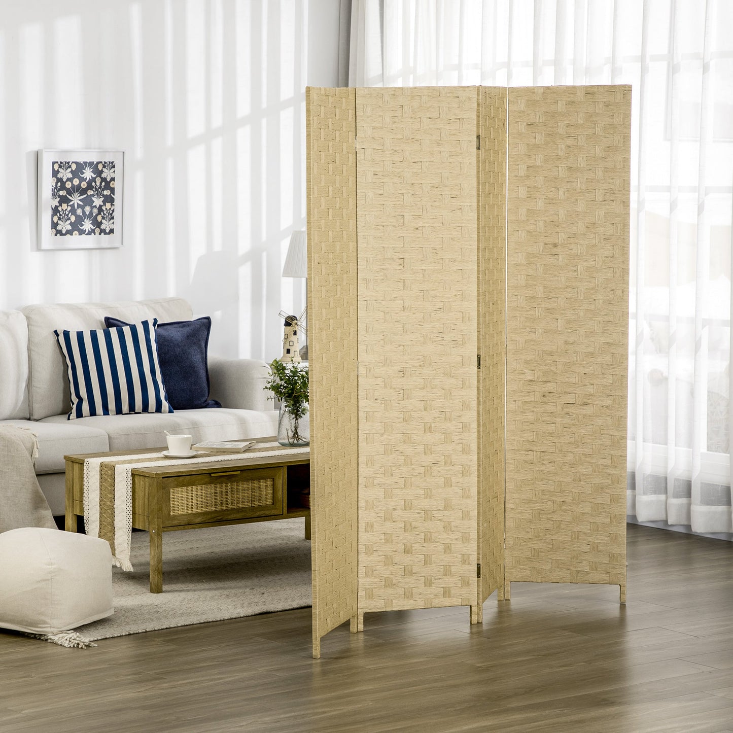 HOMCOM 4-Panel Room Dividers, Wave Fibre Freestanding Folding Privacy Screen Panels, Partition Wall Divider for Indoor Bedroom Office, 170 cm, Brown