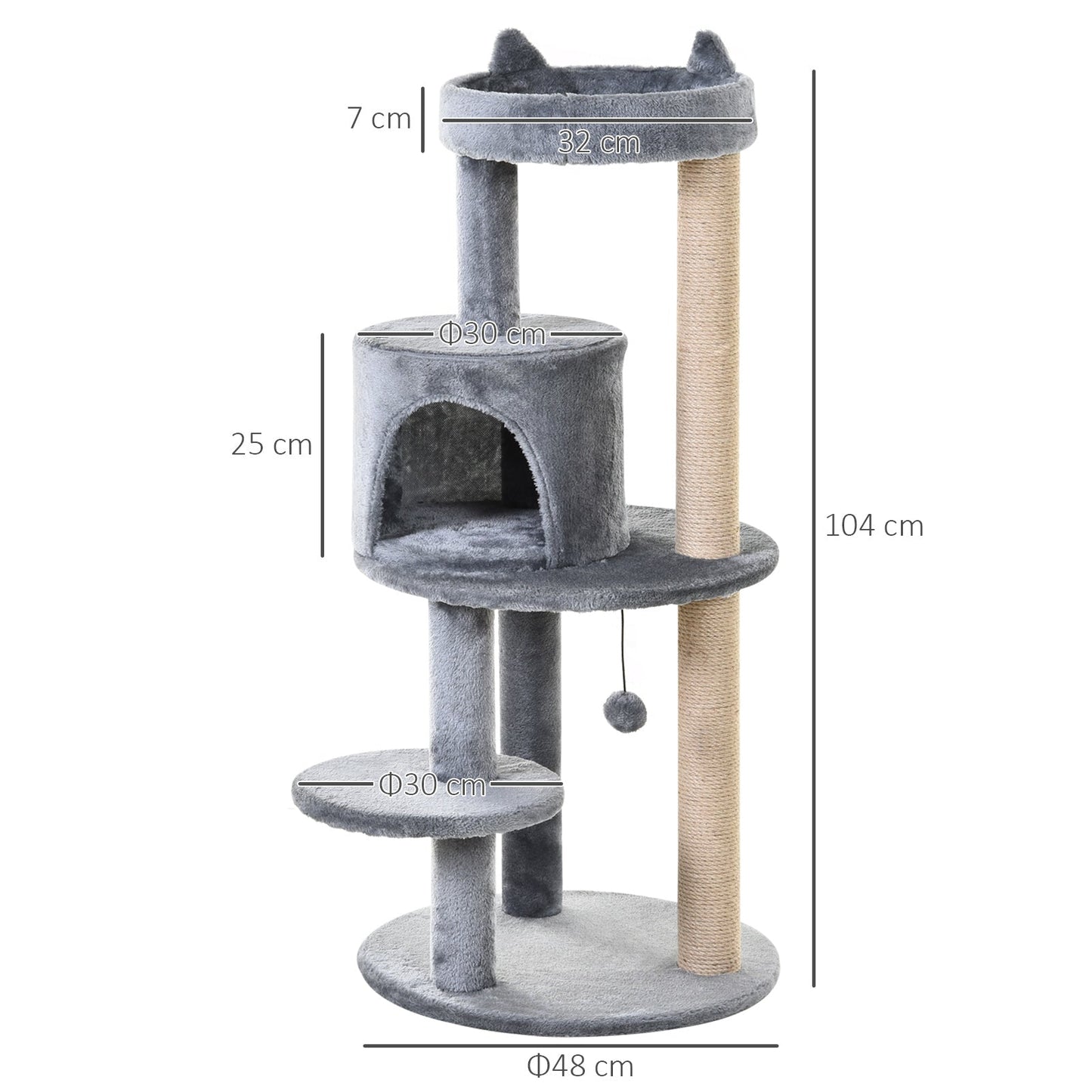 PawHut 3-Tier Deluxe Cat Activity Tree w/ Scratching Posts Ear Perch House Platform Play Ball Plush Fun Toys Exercise Rest Relax Climb Grey