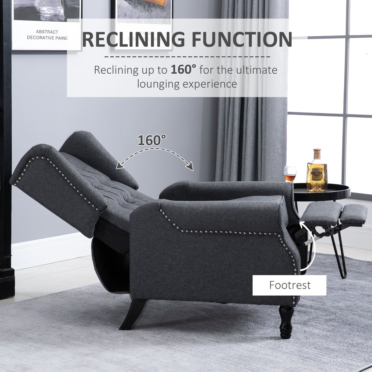 Recliner Armchair for Living Room, Reclining Chair, Wingback Chair with Button Tufted Back and Footrest, Dark Grey