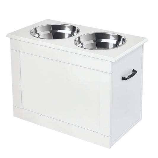 PawHut Raised Dog Bowls, with Storage, Two Stainless Steel Bowls, Elevated Base - White