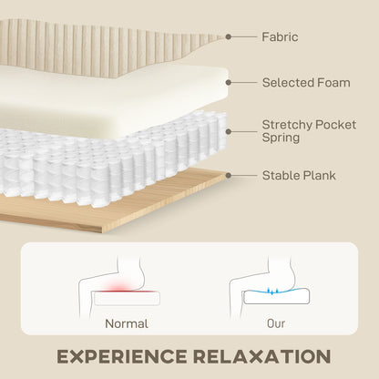 HOMCOM Modern 3 Seater Sofa with Spring Cushion, 212 cm Fabric Jumbo Cord Sofa Couch with 2 Scatter Cushions, Upholstered Corduroy Settee for Living Room, Bedroom, Home Office, Cream White