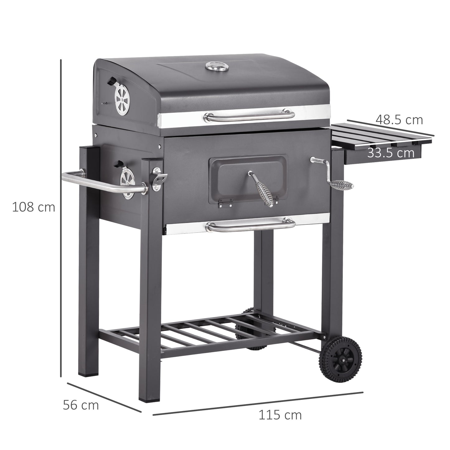 Wózek do grilla Outsunny Charcoal Grill z regulowanym rusztem węglowym, ogrodowy metalowy grill wędzarniczy z półką, stolikiem bocznym, kółkami, wbudowanym termometrem, otwieraczem do butelek