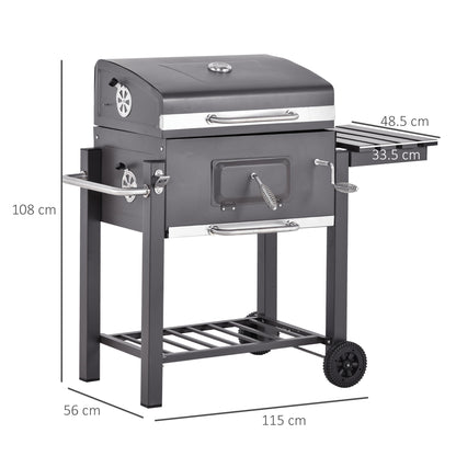 Wózek do grilla Outsunny Charcoal Grill z regulowanym rusztem węglowym, ogrodowy metalowy grill wędzarniczy z półką, stolikiem bocznym, kółkami, wbudowanym termometrem, otwieraczem do butelek