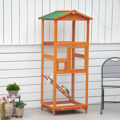 PawHut Wooden Bird Aviary Cages Outdoor Finches Birdcage with Pull Out Tray 2 Doors, Orange