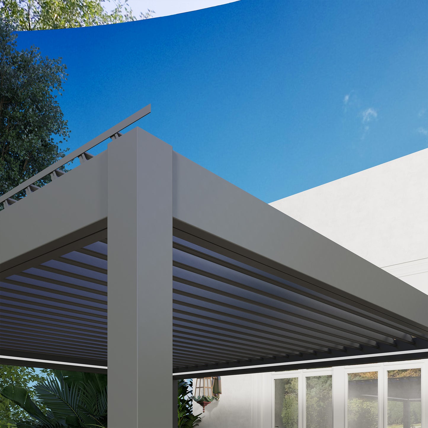 Outsunny 3 x 3(m) Elektryczna pergola żaluzjowa z oświetleniem LED, aluminiowa pergola z twardym dachem i pilotem, regulowany dach i system odwodnienia, wodoodporna i odporna na promieniowanie UV