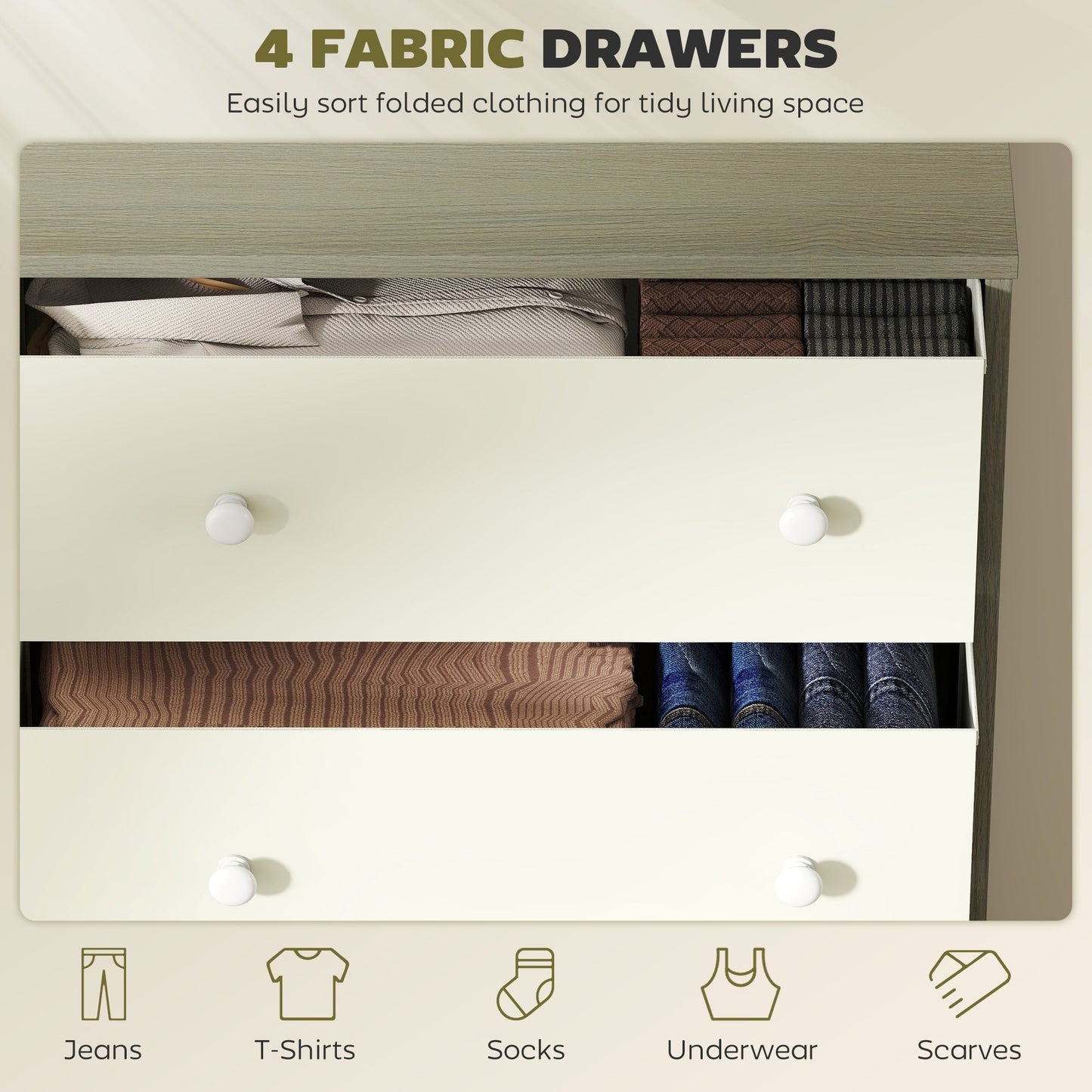 HOMCOM Chest of Drawers, Dresser with 4 Fabric Drawers - White and Grey