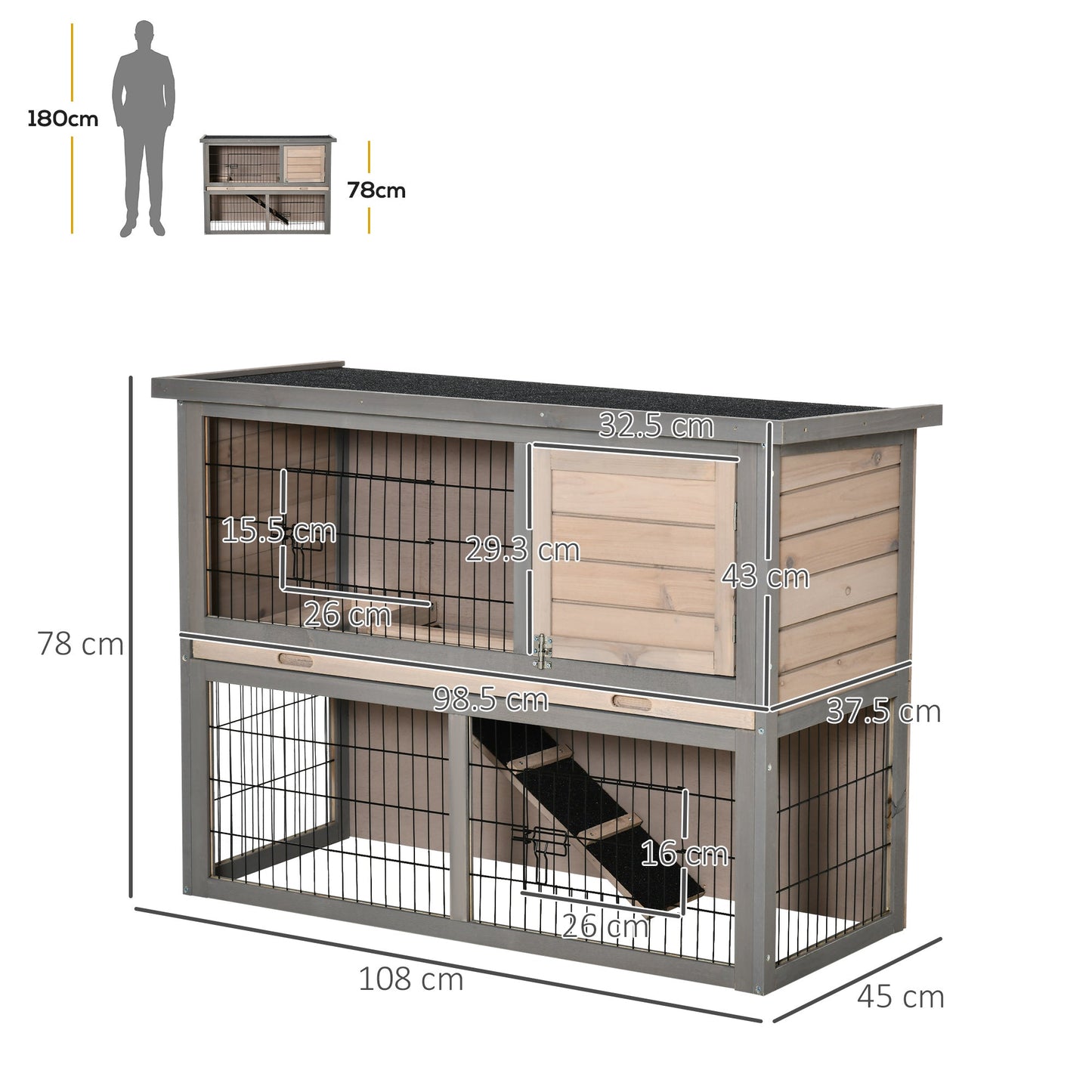 بيت حيوانات صغير من PawHut Rabbit Hutch Bunny Cage مع صينية منزلقة، تشغيل، سطح قابل للفتح، منحدر، للأماكن الداخلية والخارجية، رمادي 108x45x78 سم