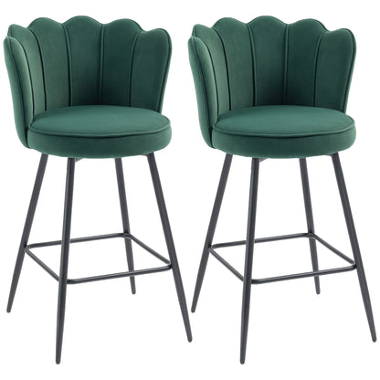 HOMCOM Set of Two Velvet-Feel Lotus Bar Stools - Dark Green