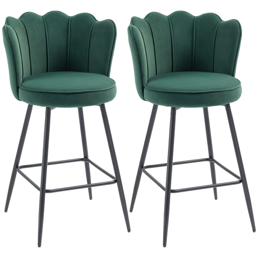 HOMCOM Set of Two Velvet-Feel Lotus Bar Stools - Dark Green