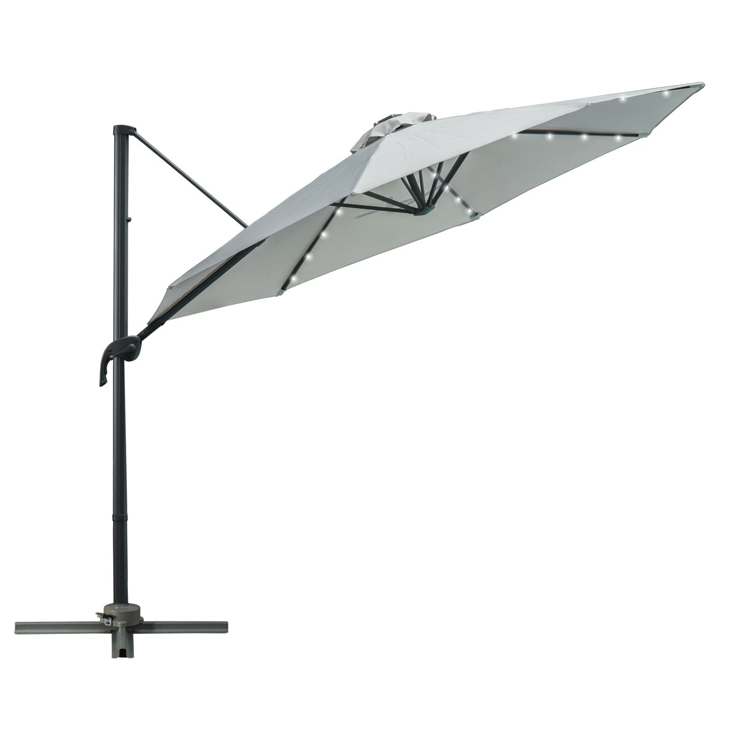 Outsunny 3(m) LED Cantilever Parasol ogrodowy z podstawą krzyżową i lampami solarnymi Szary