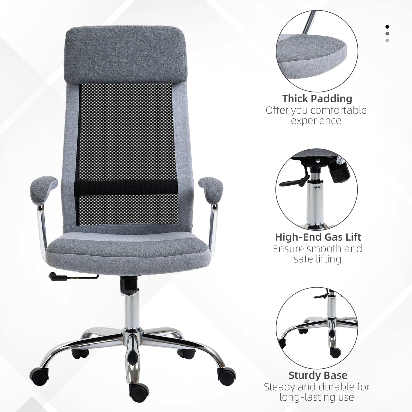 Vinsetto Office Chair, Ergonomic Desk Chair, High Back Computer Chair with Adjustable Height, Swivel Rolling Wheels, Mesh Back and Linen-Feel Fabric Seat for Home and Study, Grey