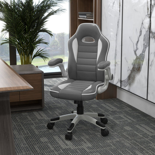Vinsetto Computer Gaming Chair, Office Desk Swivel Chair, PU Leather Racing Chair with 90  Flip-up Armrest, Adjustable Height and Rolling Wheels, Grey